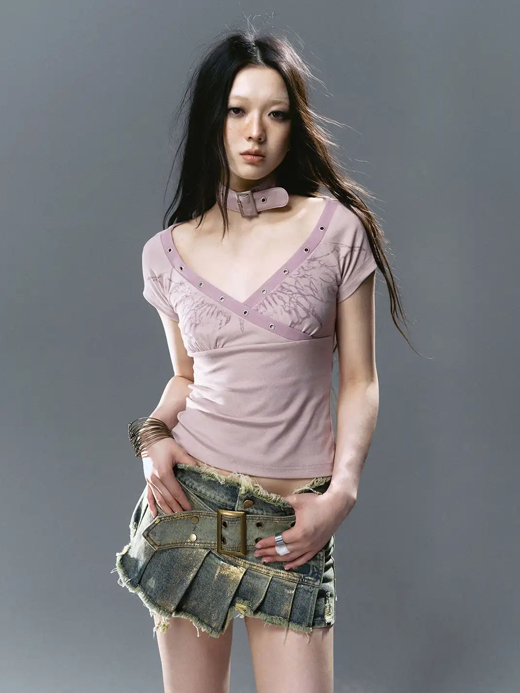 CestNous|Women's Patchwork Pleated Denim Skort