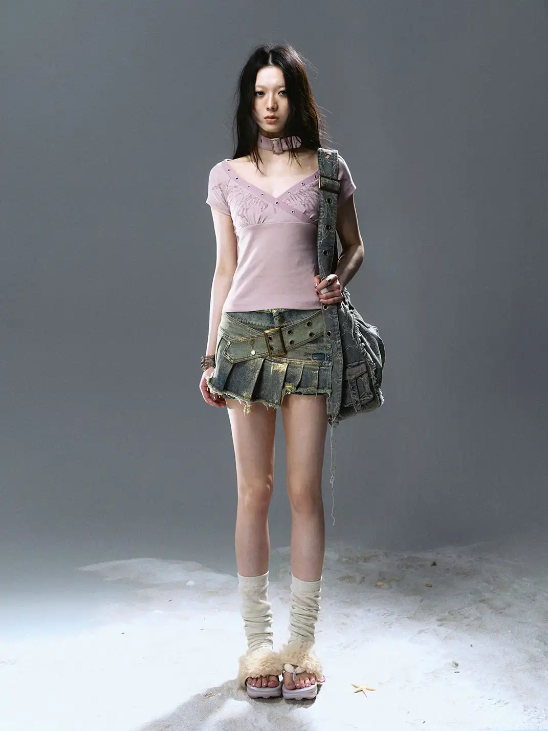 CestNous|Women's Patchwork Pleated Denim Skort