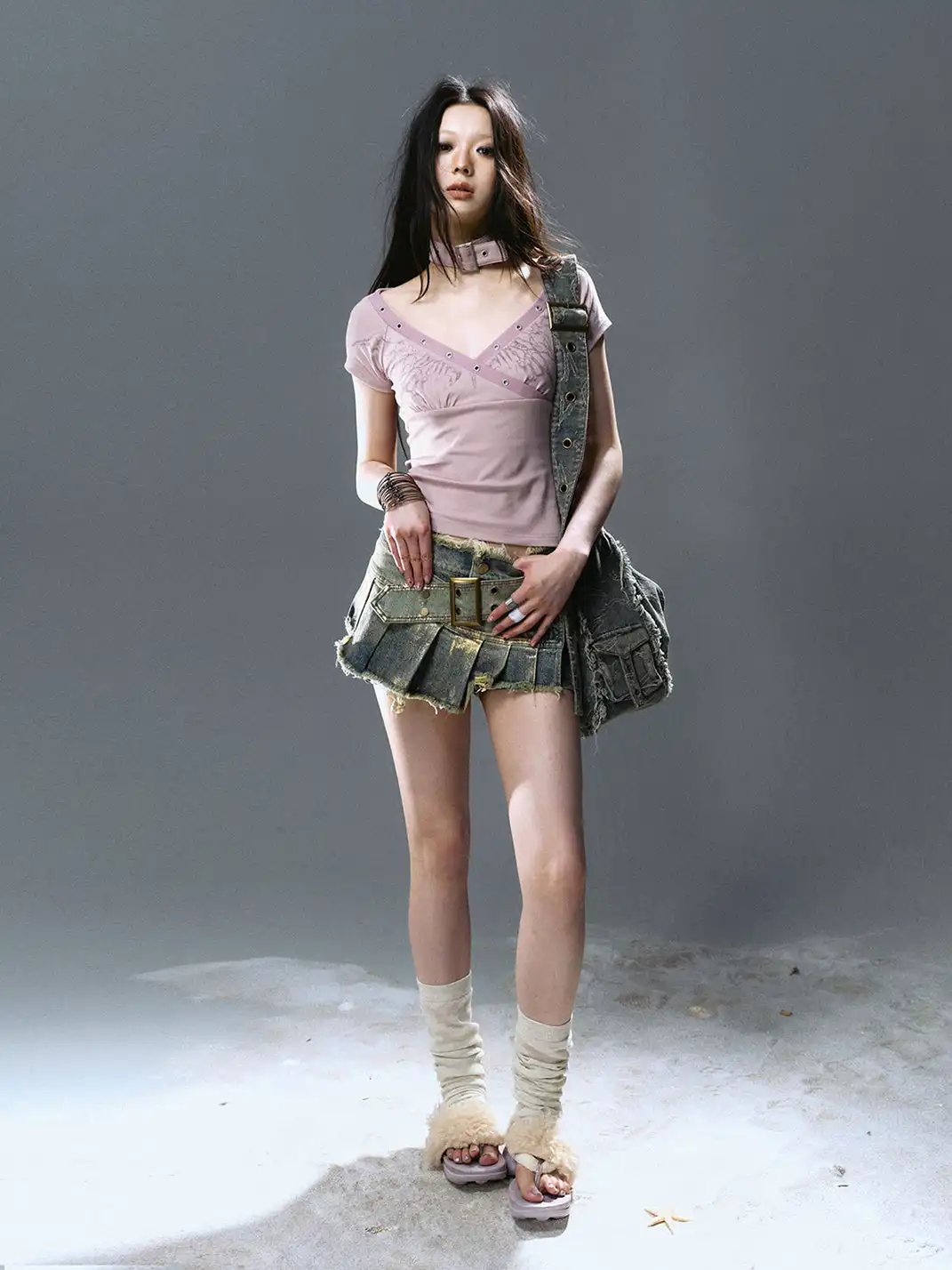 CestNous|Women's Patchwork Pleated Denim Skort