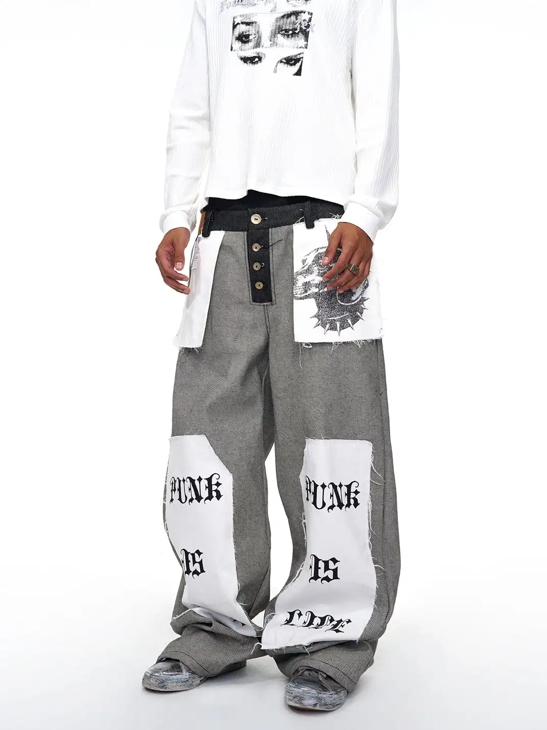 Fourth3ex | Letter Print Reverse Denim Wide Jeans