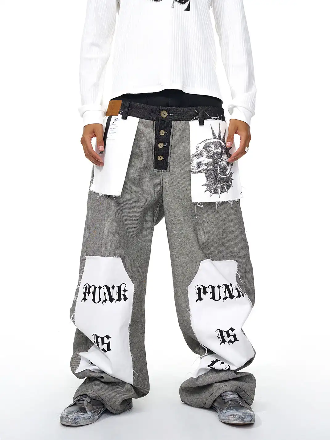 Fourth3ex | Letter Print Reverse Denim Wide Jeans