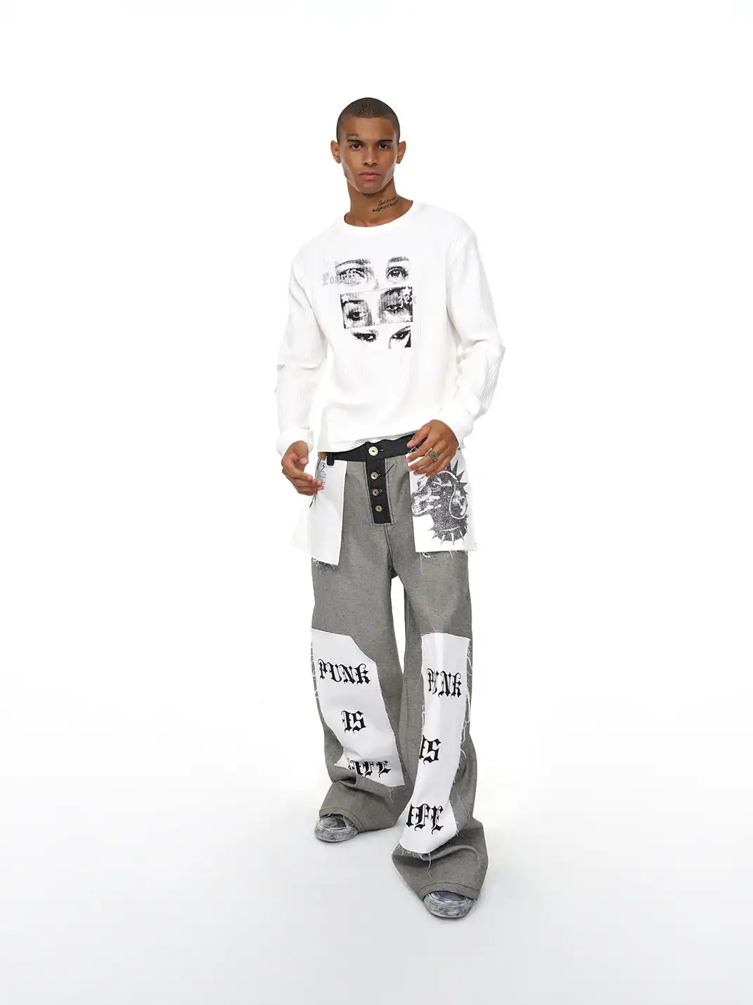 Fourth3ex | Letter Print Reverse Denim Wide Jeans