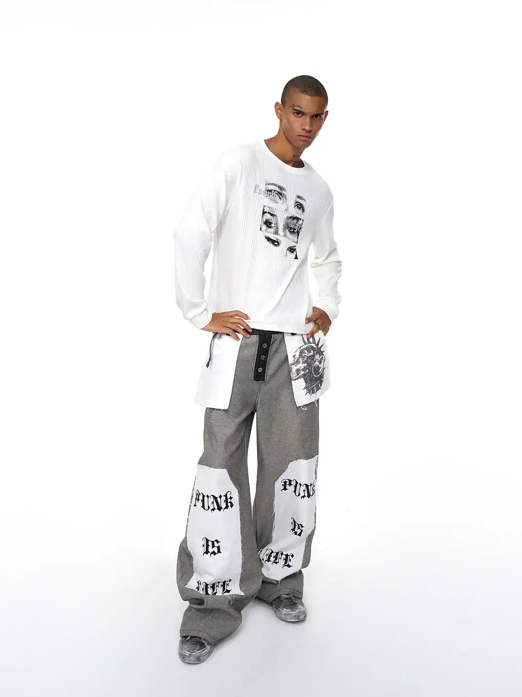 Fourth3ex | Letter Print Reverse Denim Wide Jeans
