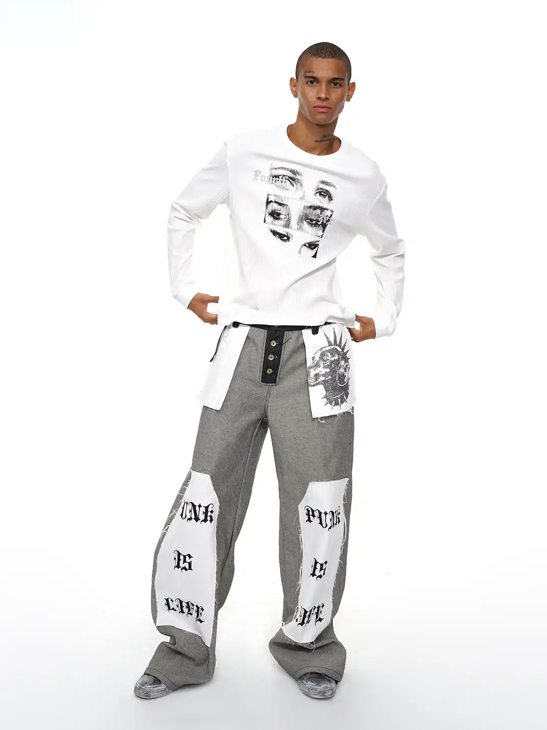 Fourth3ex | Letter Print Reverse Denim Wide Jeans