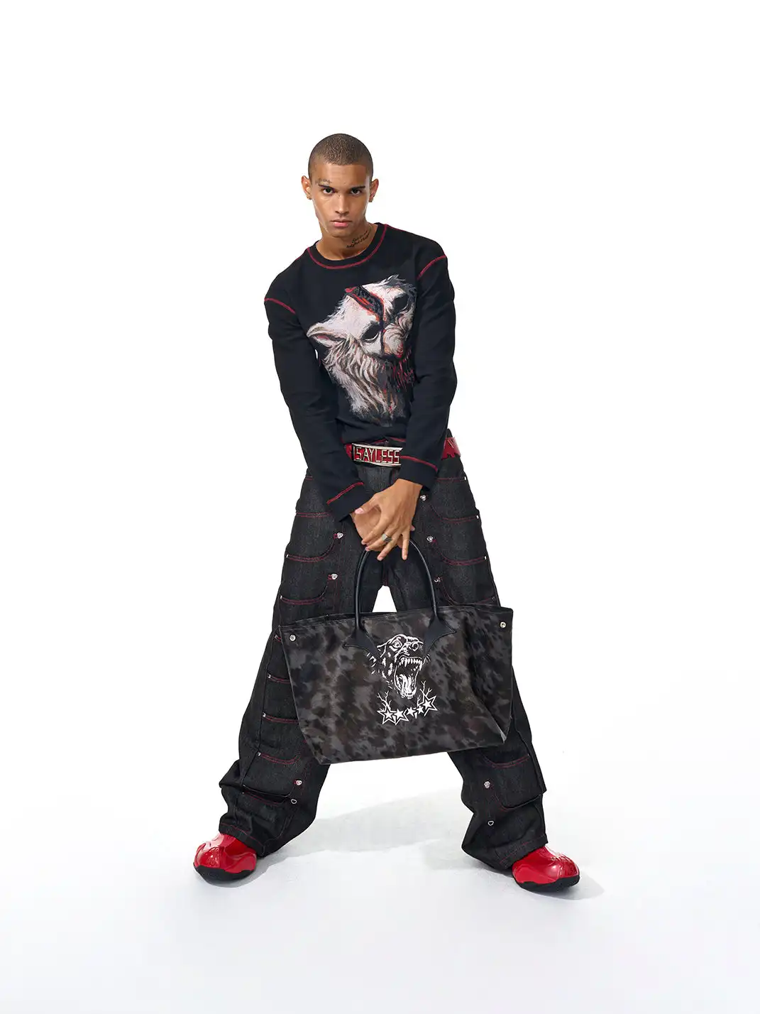 Fourth3ex | Wolf Print Gothic Letter Crewneck Tee