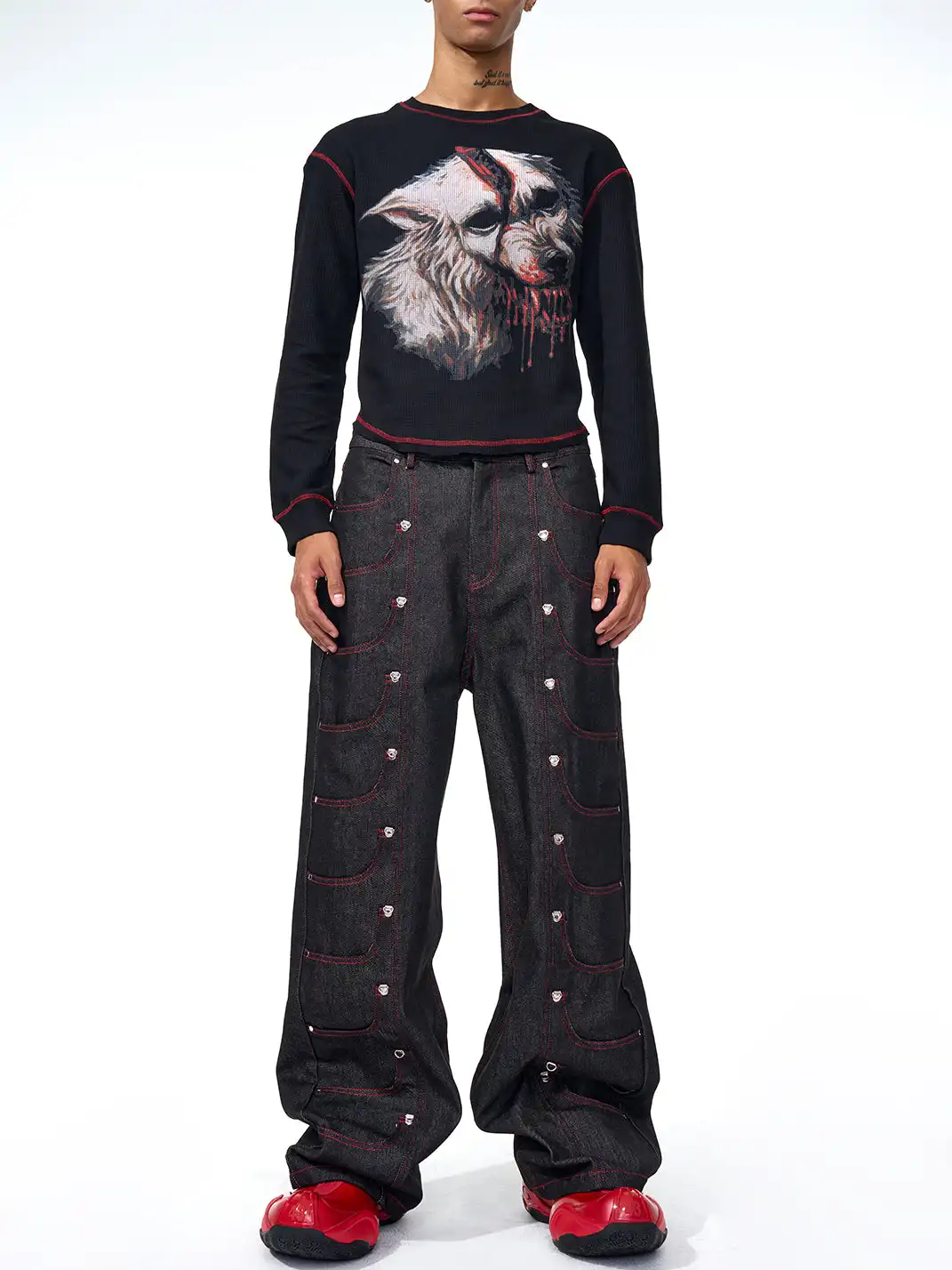 Fourth3ex | Wolf Print Gothic Letter Crewneck Tee