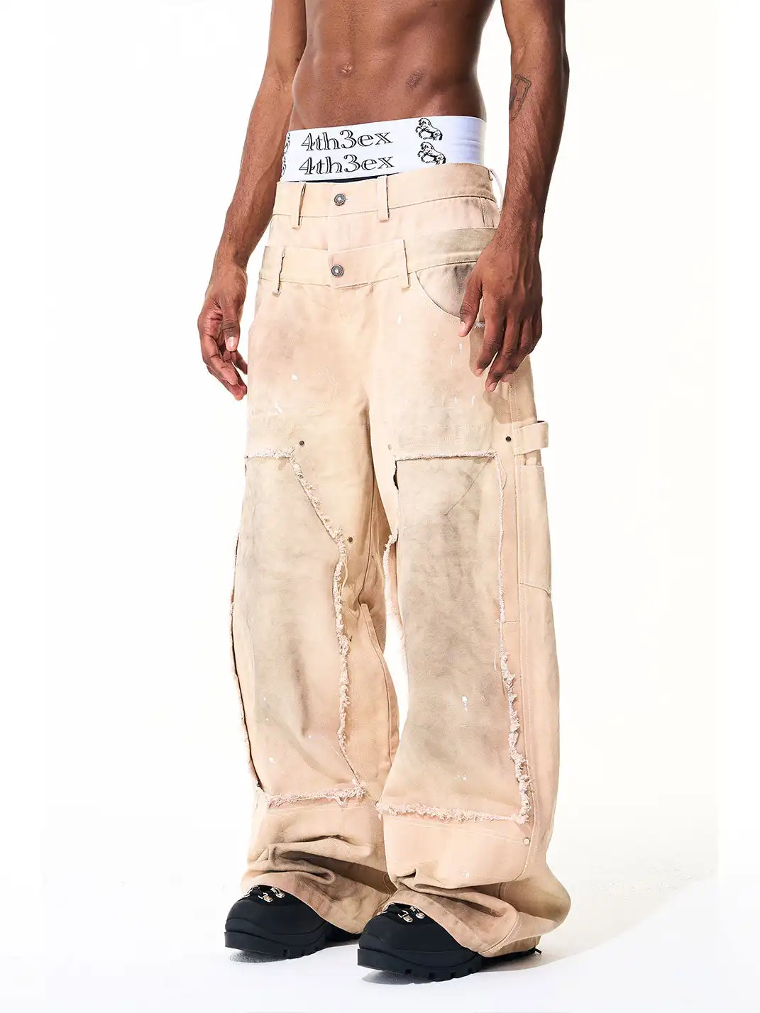 Fourth3ex | Distressed Fringed Double Waist Jeans
