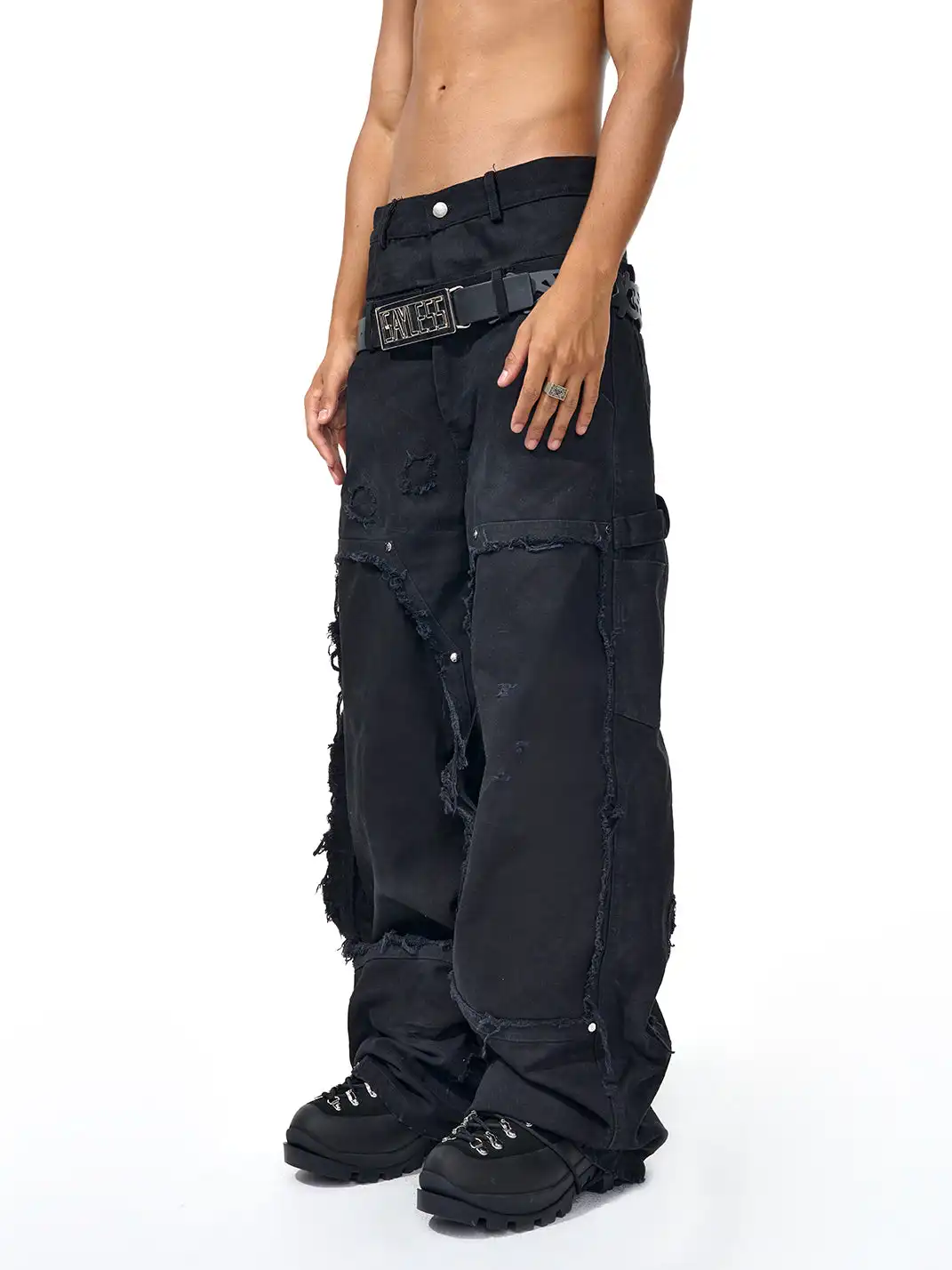 Fourth3ex | Distressed Fringed Double Waist Jeans