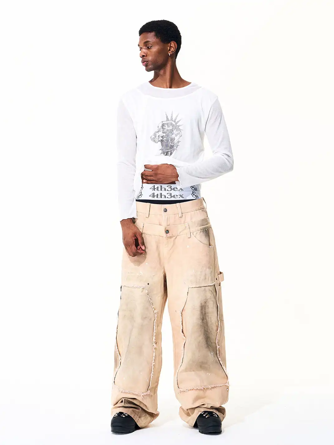 Fourth3ex | Distressed Fringed Double Waist Jeans