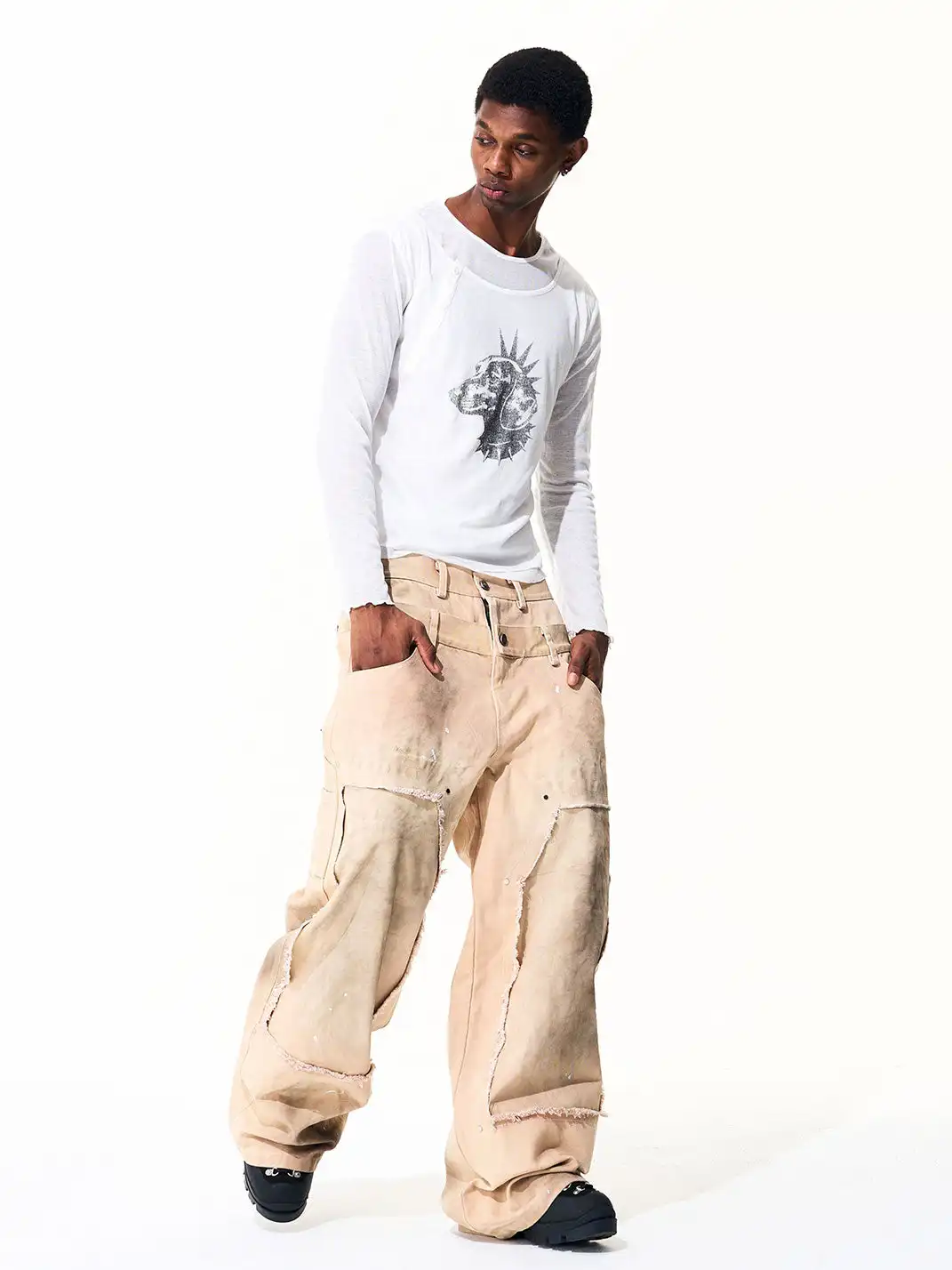 Fourth3ex | Distressed Fringed Double Waist Jeans