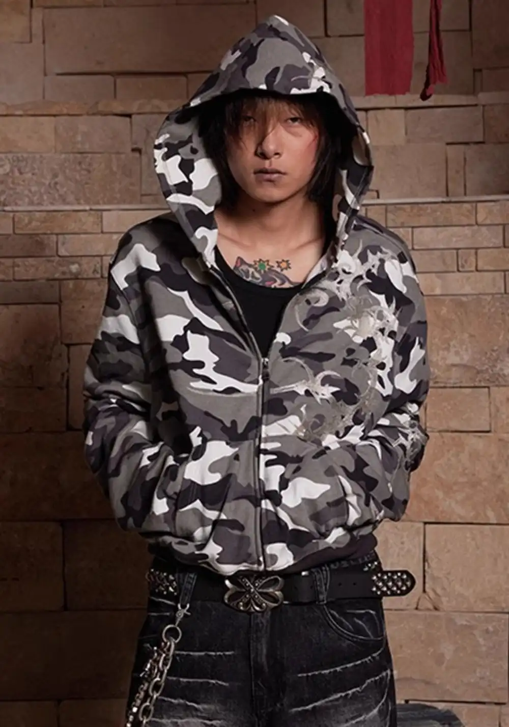 DND4DES丨Silver Embroidered Camo Zip Hoodie