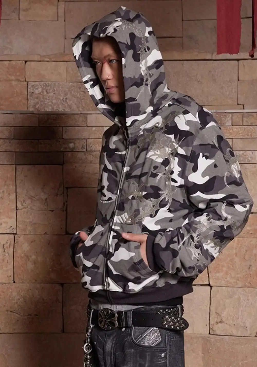 DND4DES丨Silver Embroidered Camo Zip Hoodie