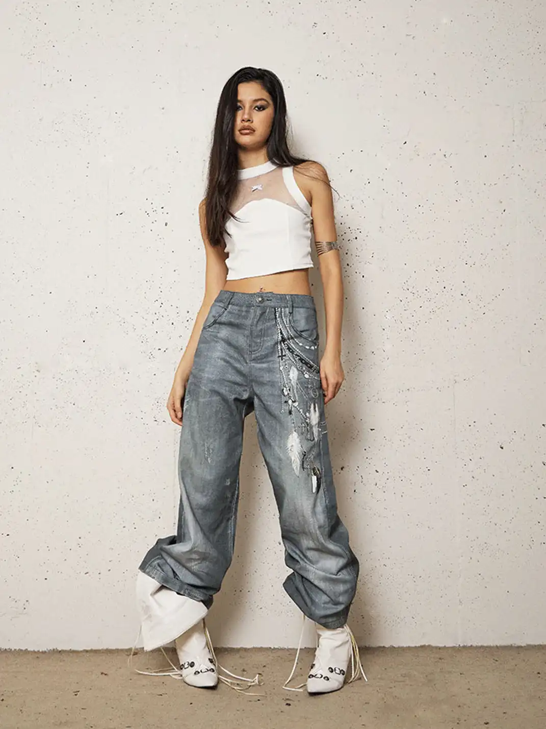 DND4DES | 3D Pearl Print Washed Flared Jeans