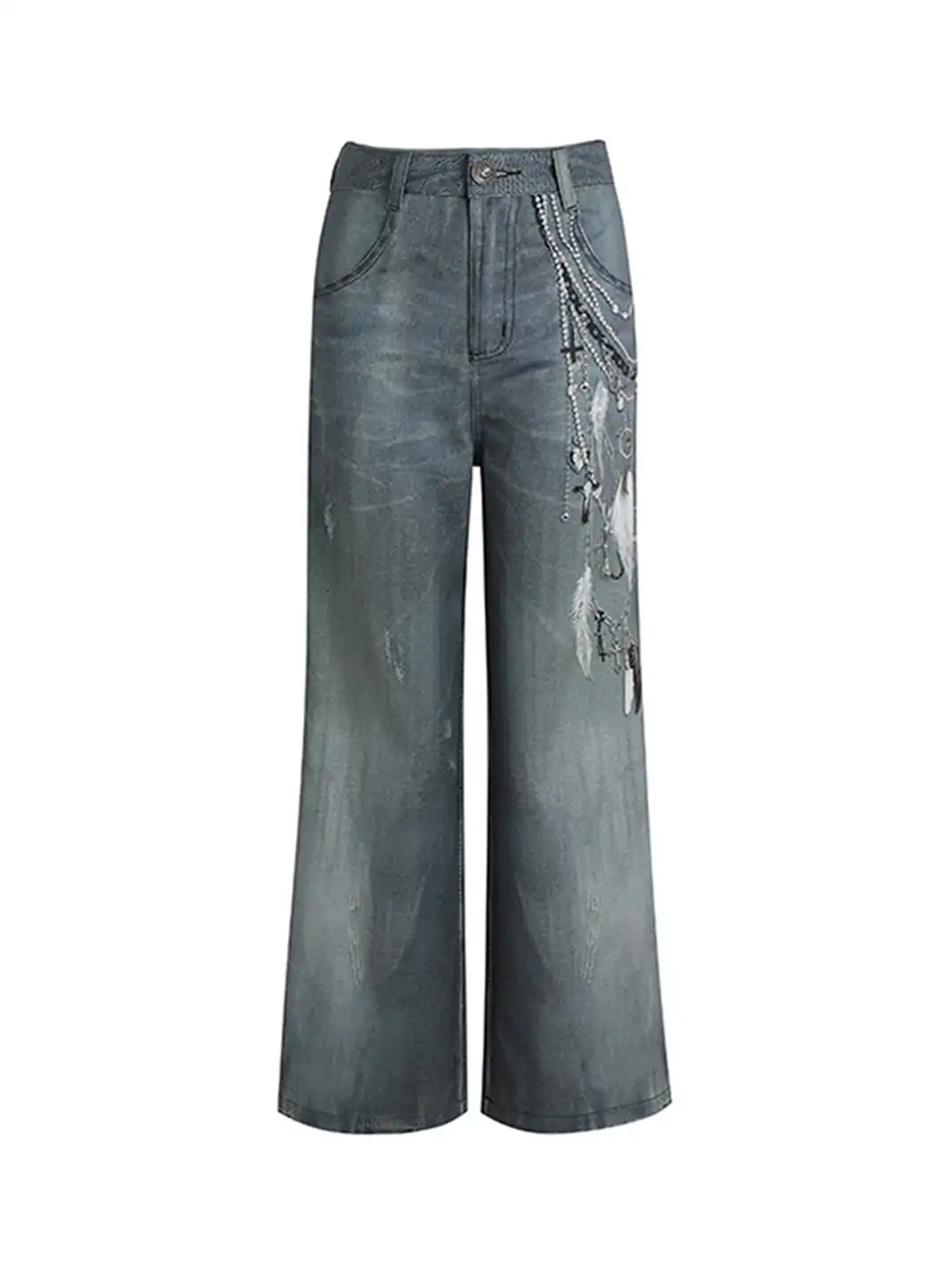 DND4DES | 3D Pearl Print Washed Flared Jeans