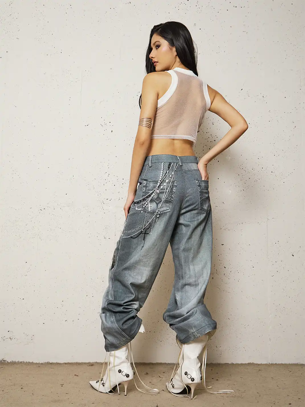 DND4DES | 3D Pearl Print Washed Flared Jeans