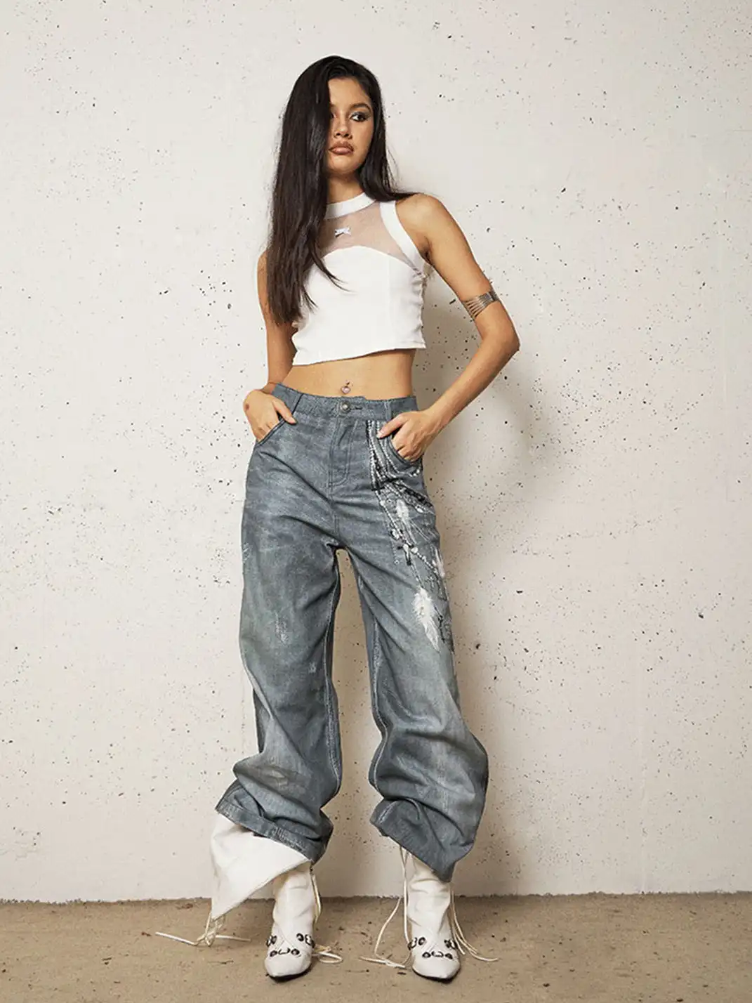 DND4DES | 3D Pearl Print Washed Flared Jeans