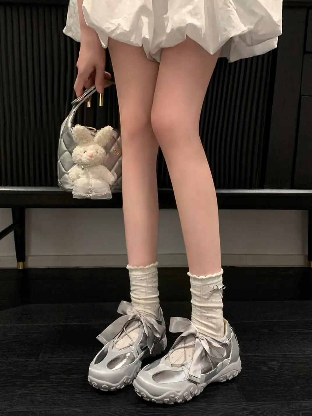 UNCLEWEN | Quick Lace Ribbon Ballet Trainer With Removable Insole-Silver
