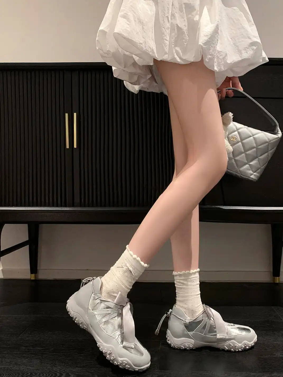 UNCLEWEN | Quick Lace Ribbon Ballet Trainer With Removable Insole-Silver