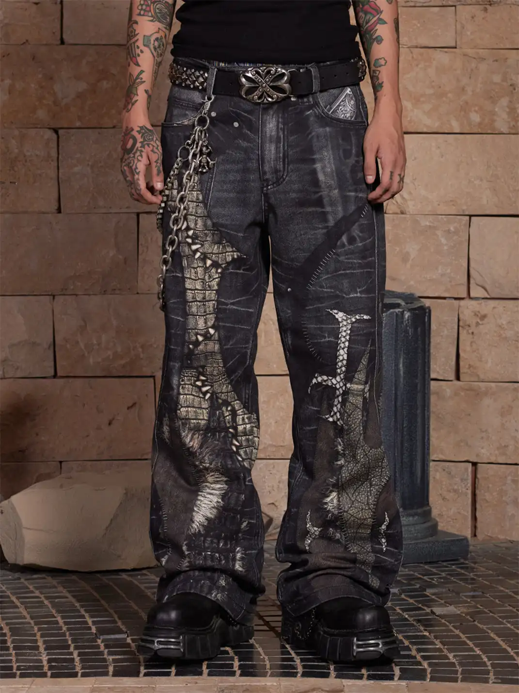 DND4DES | Printed Cross Patchwork Straight Jeans