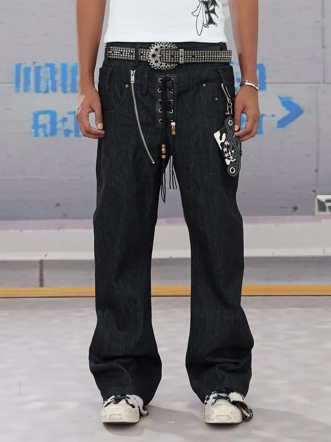 DND4DES | Zipper Drawstring Flare Denim Pants