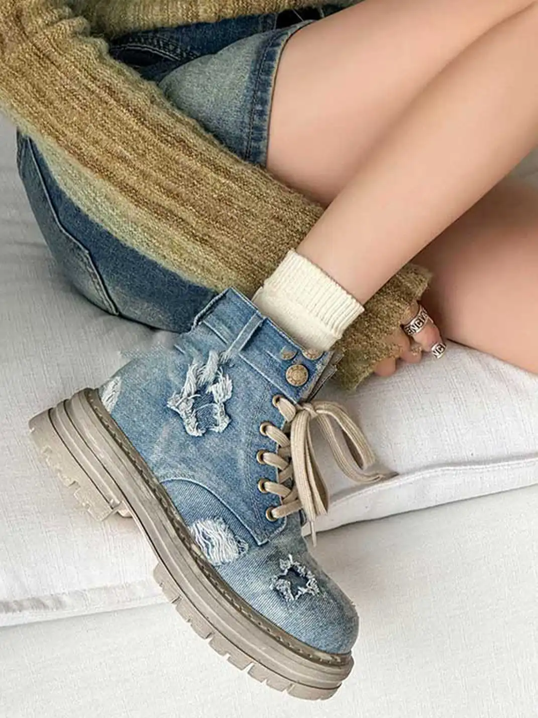 GSL | Ripped Demin Platform Boots with Ribbons