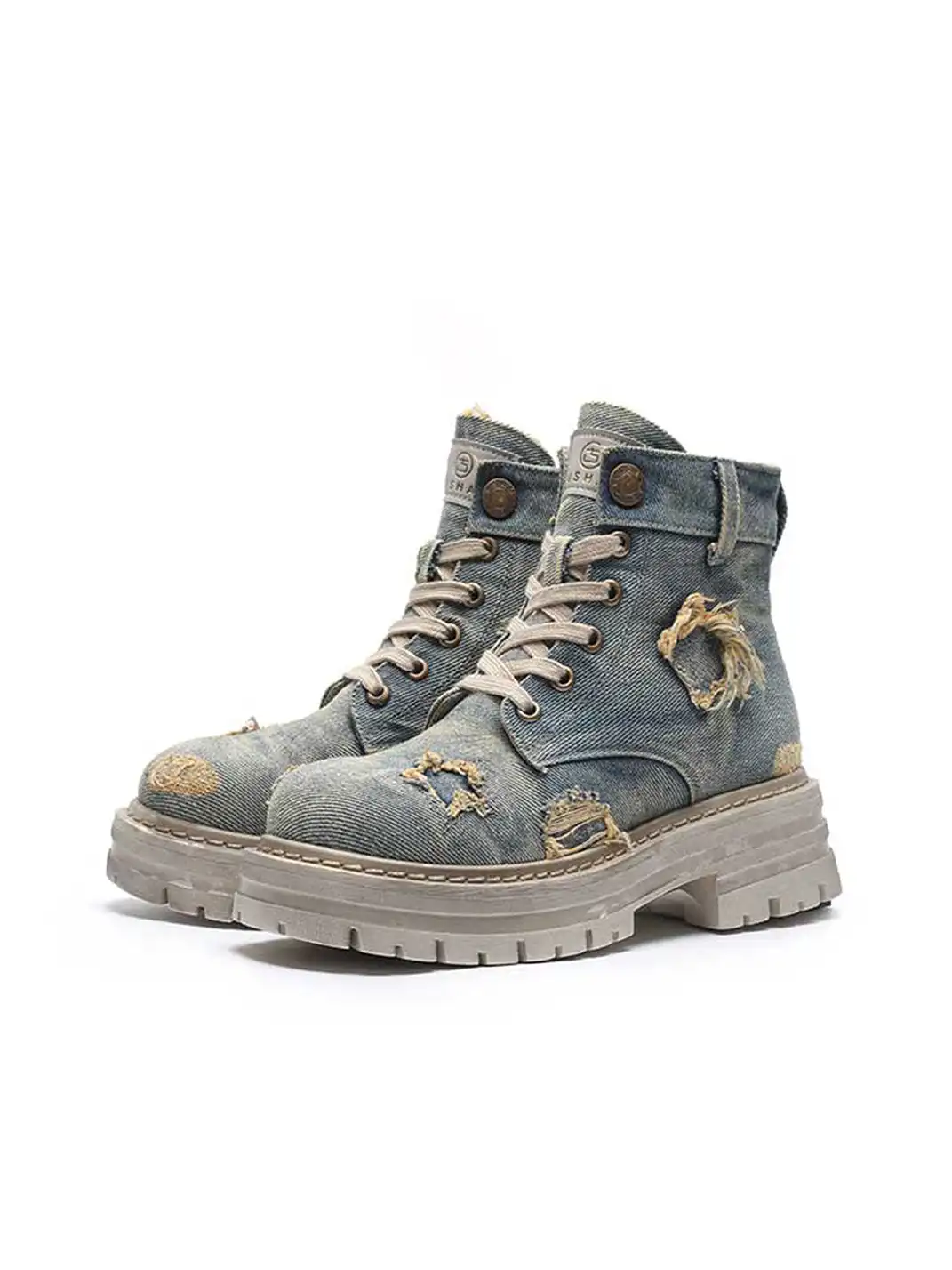 GSL | Ripped Demin Platform Boots with Ribbons