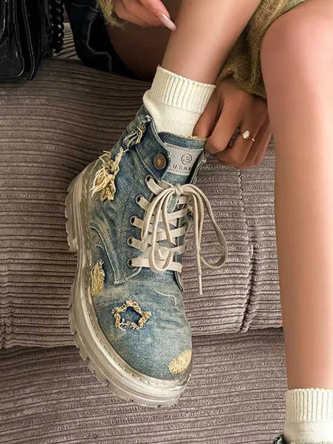 GSL | Ripped Demin Platform Boots with Ribbons