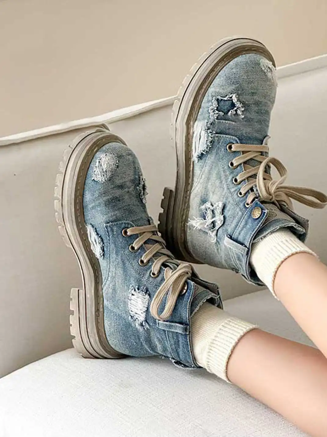 GSL | Ripped Demin Platform Boots with Ribbons