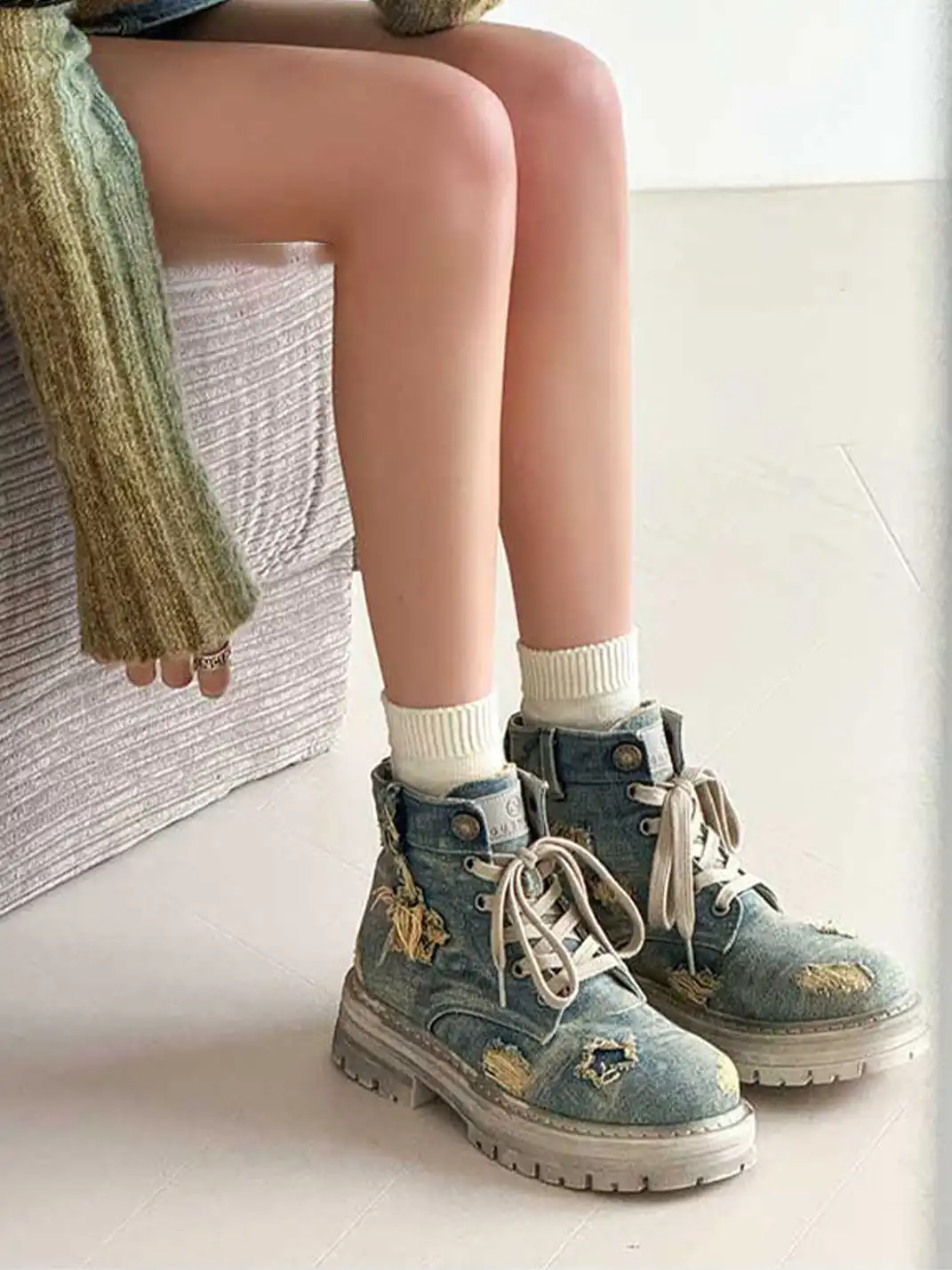 GSL | Ripped Demin Platform Boots with Ribbons