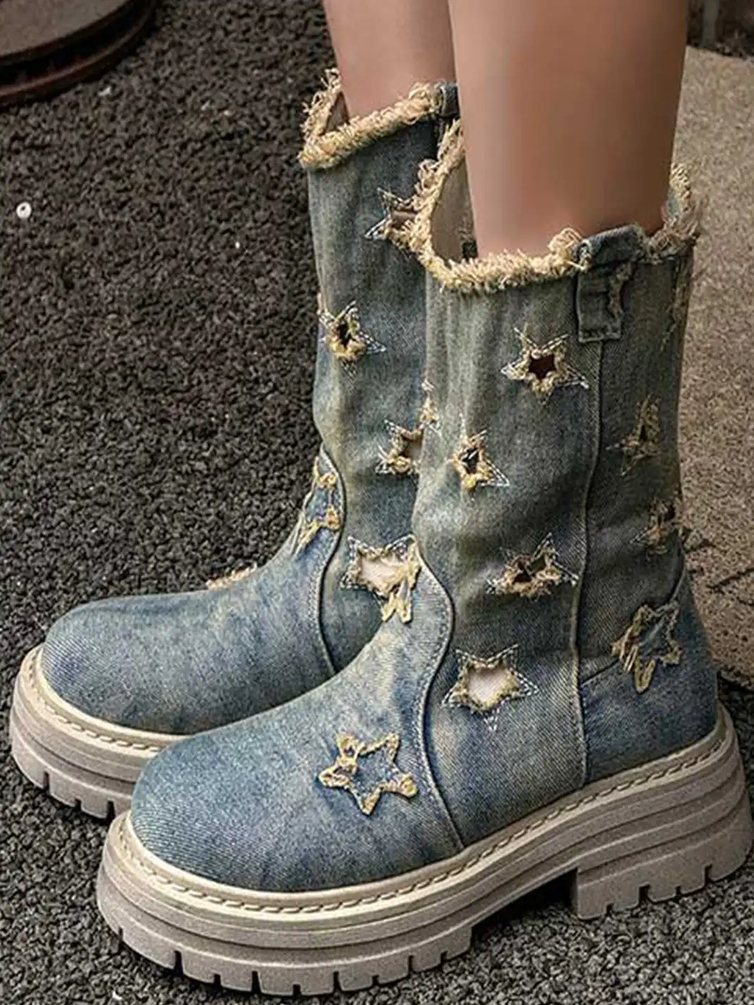 GSL | Washed Ripped Demin Platform Mid Boots