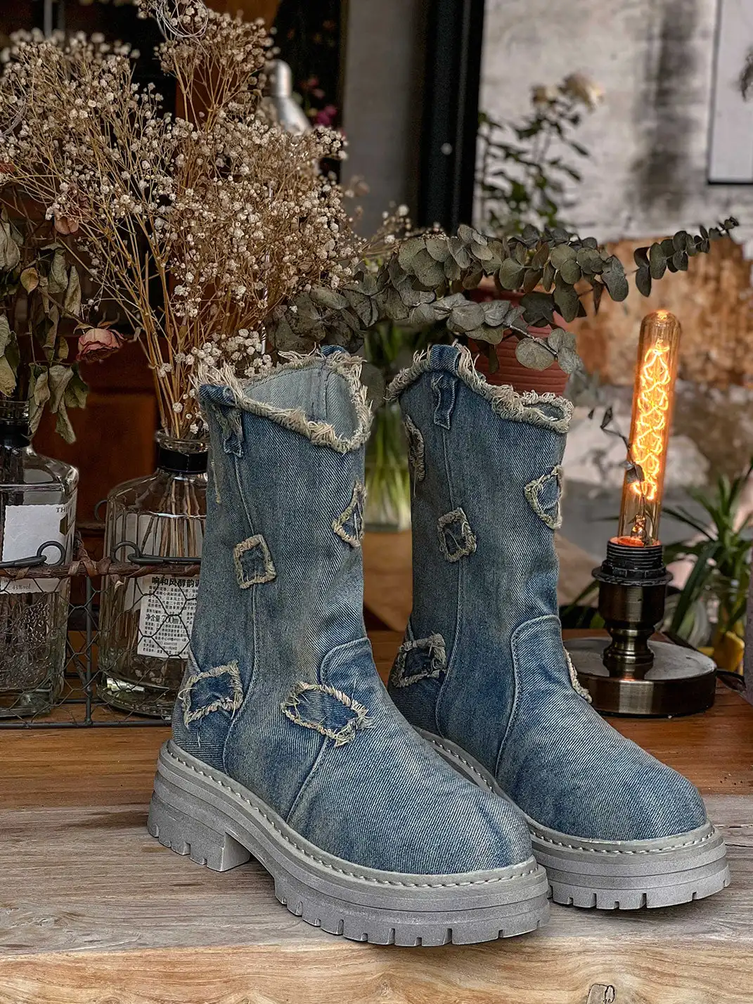 GSL | Washed Ripped Demin Platform Mid Boots