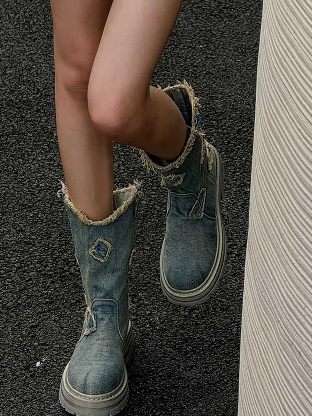 GSL | Washed Ripped Demin Platform Mid Boots