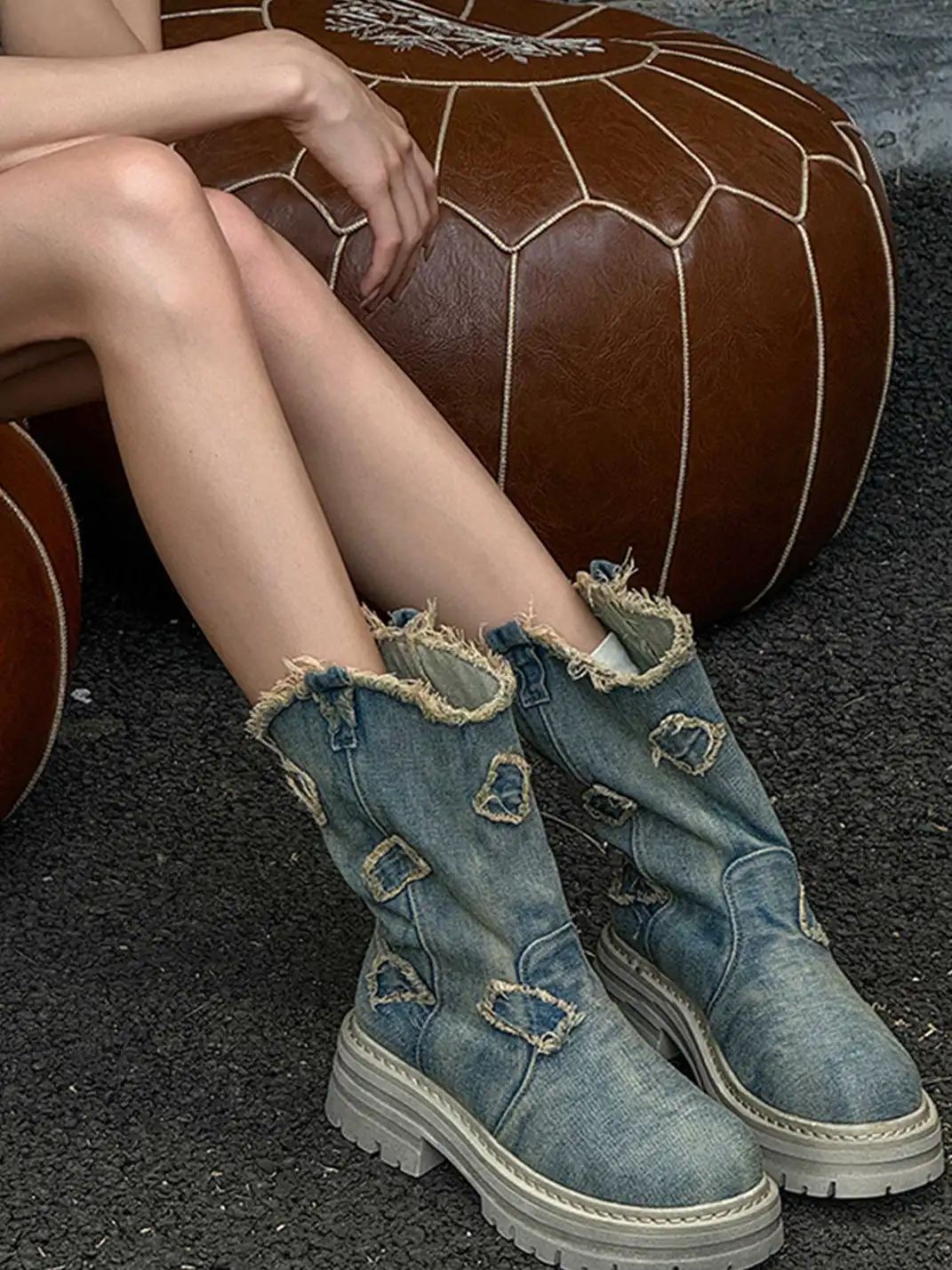 GSL | Washed Ripped Demin Platform Mid Boots
