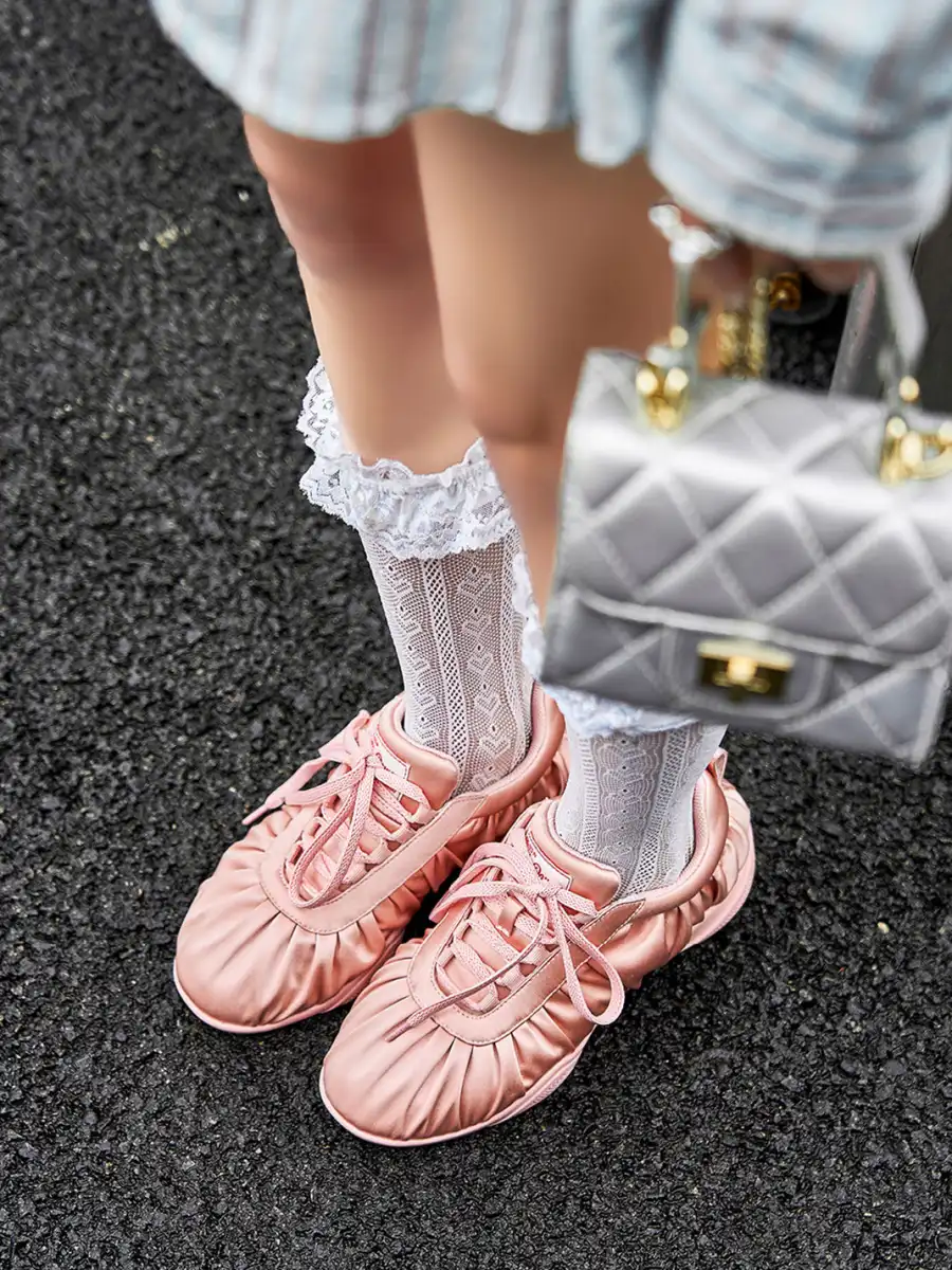 SHOESZOOO | "SatinBloom Drape" Wrinkled Retro Tariner-Pink - 3