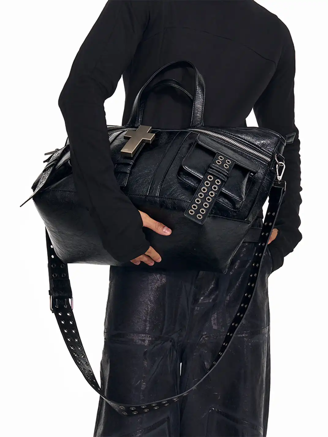 REBEL WAVE | Cross Pattern Cracked PU Leather Tote Bag