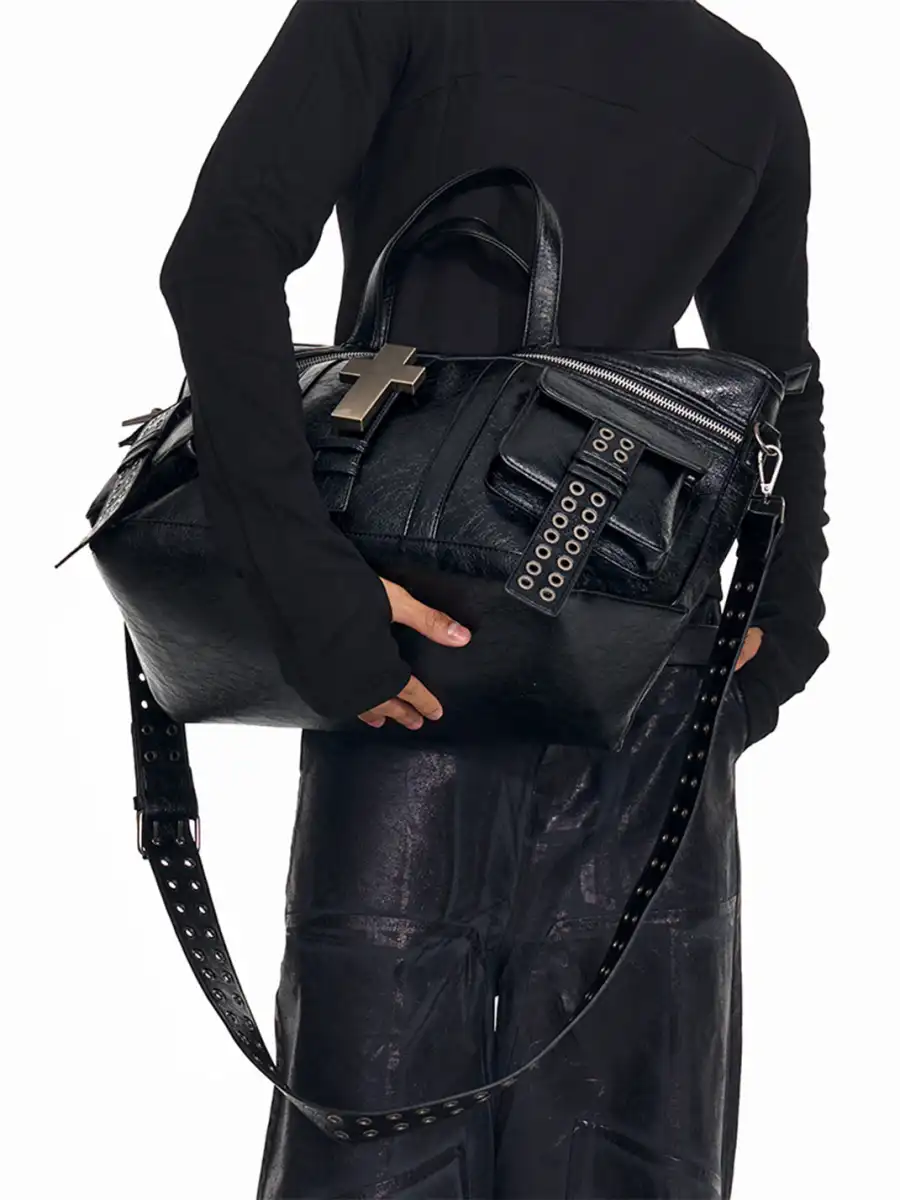 REBEL WAVE | Cross Pattern Cracked PU Leather Tote Bag - 4