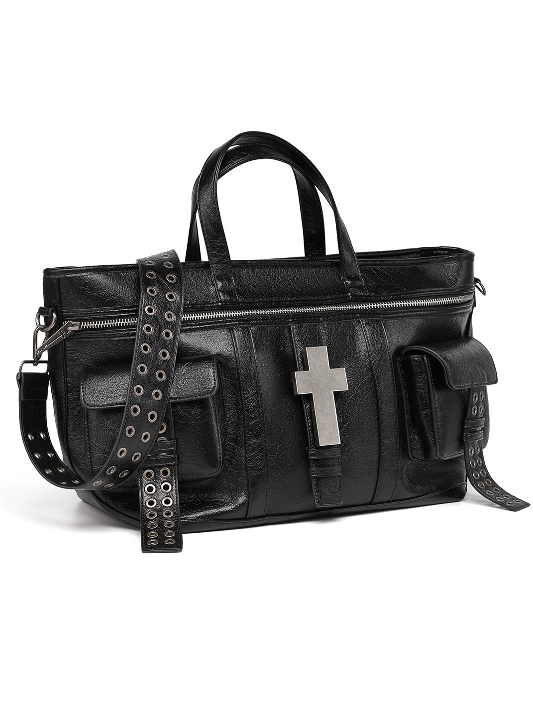 REBEL WAVE | Cross Pattern Cracked PU Leather Tote Bag | PSYLOS1
