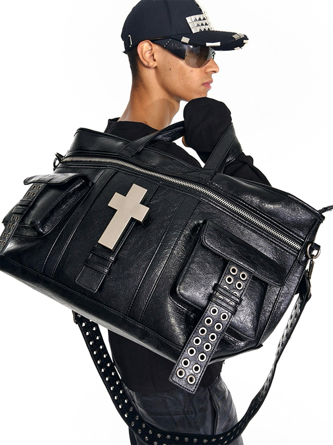 バッグ REBEL WAVE leather shoulder bagBostonbag REBEL WAVE | Cross Pattern Cracked PU Leather Tote Bag | PSYLOS1
