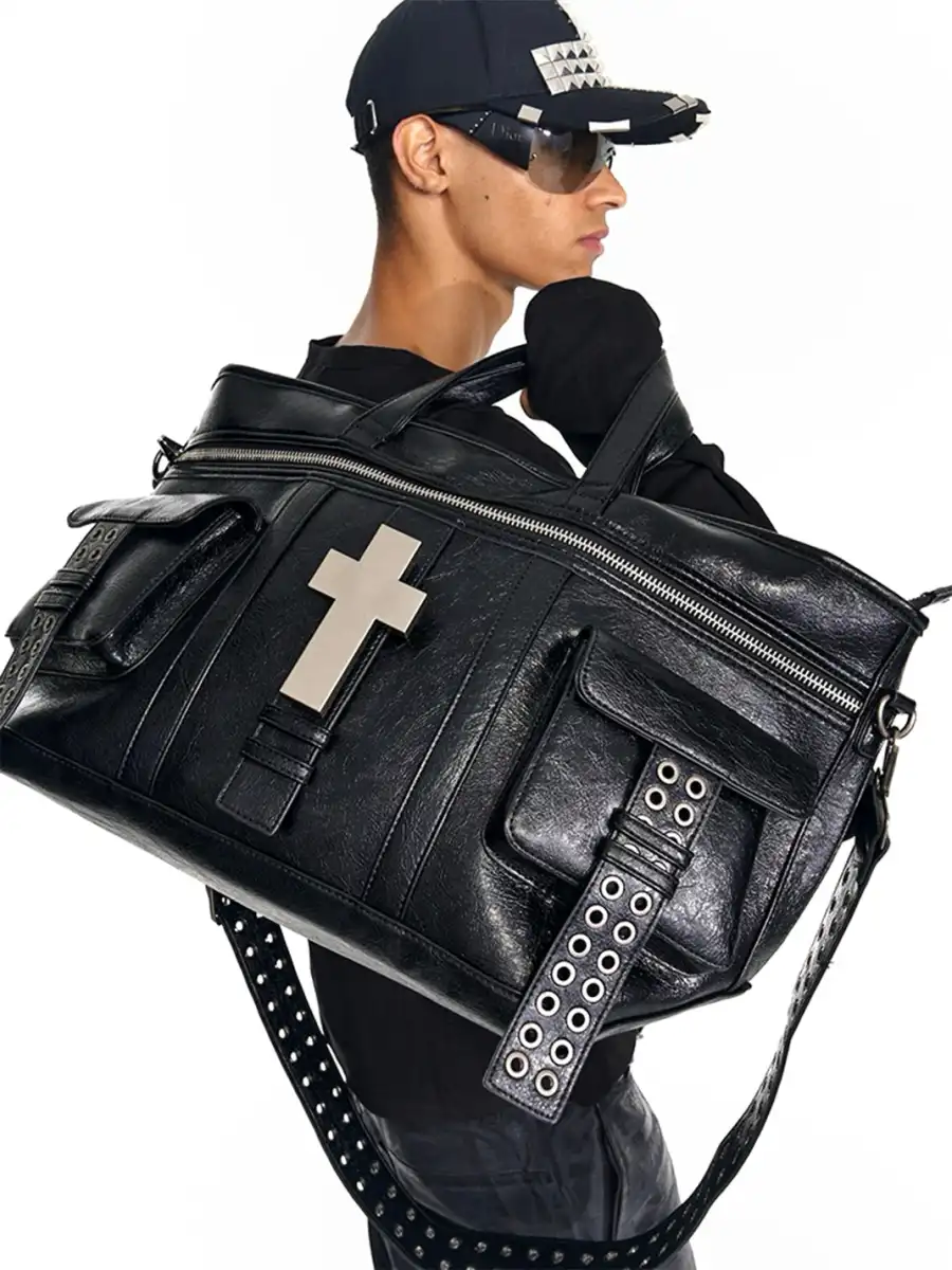 REBEL WAVE | Cross Pattern Cracked PU Leather Tote Bag - 2