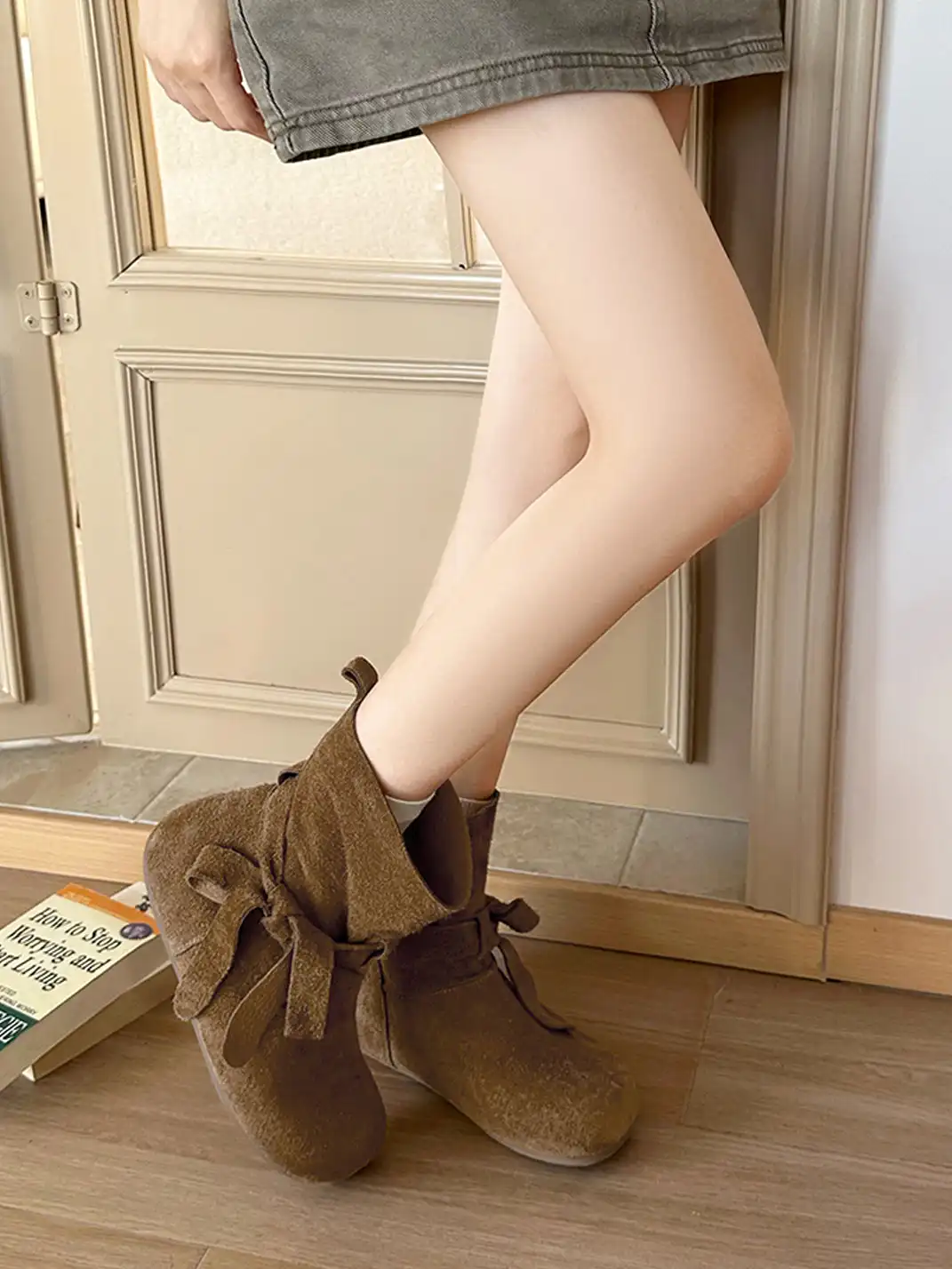 EBLAN | Maillard Velvet Bowtie Ankle Boots