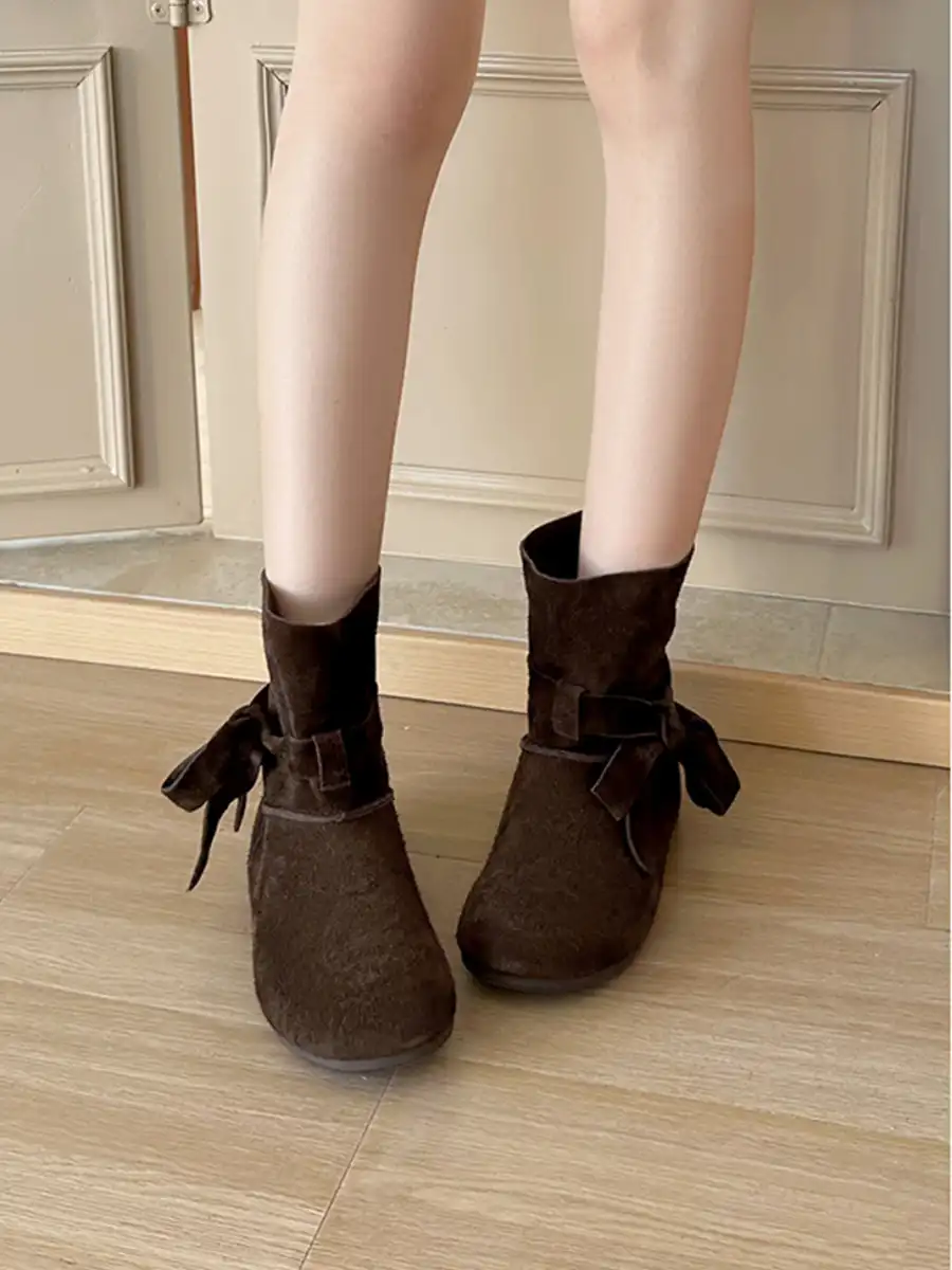 EBLAN | Maillard Velvet Bowtie Ankle Boots - 2