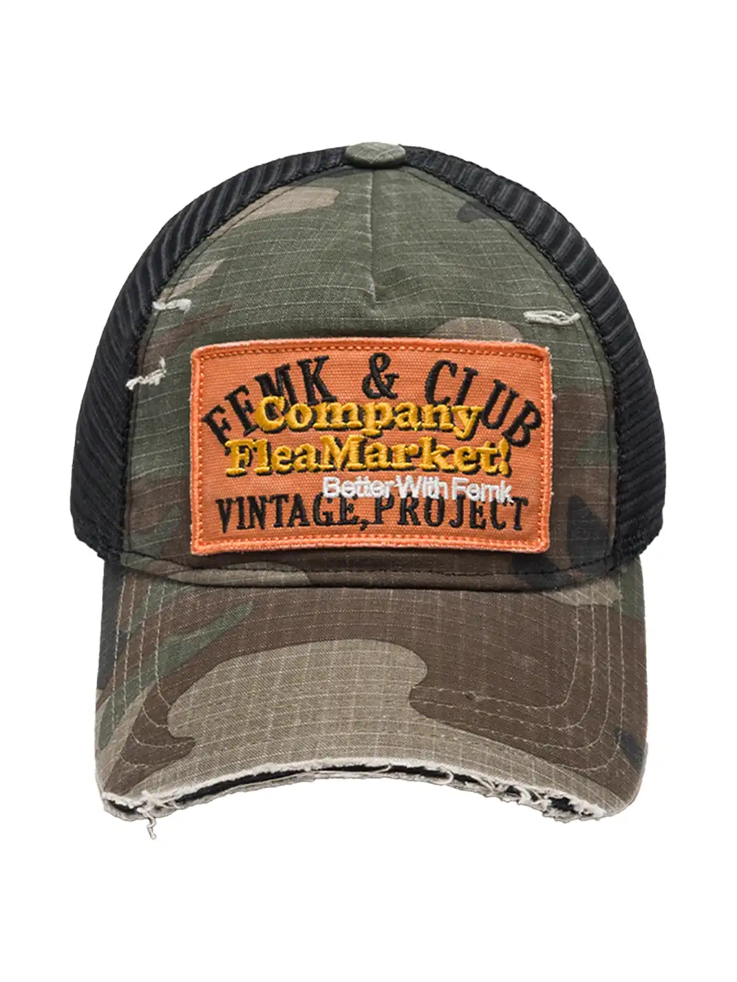 FLEAMARKET | Camo Patchwork Curve Brim Trucker Hat