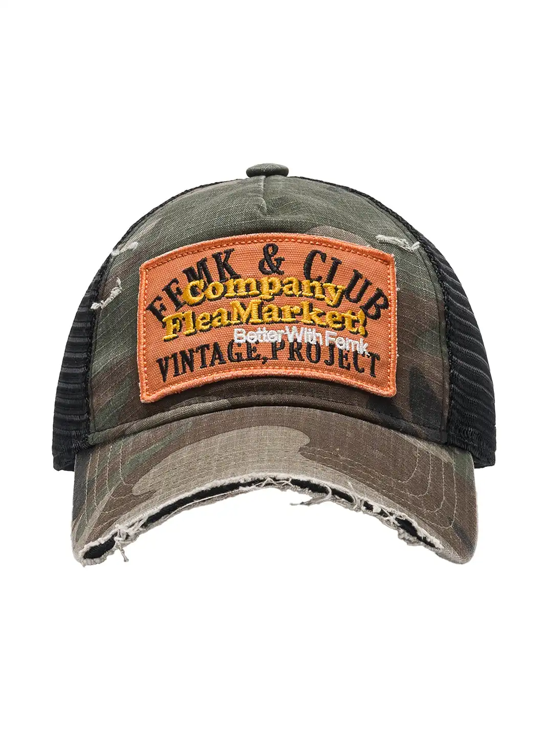 FLEAMARKET | Camo Patchwork Curve Brim Trucker Hat