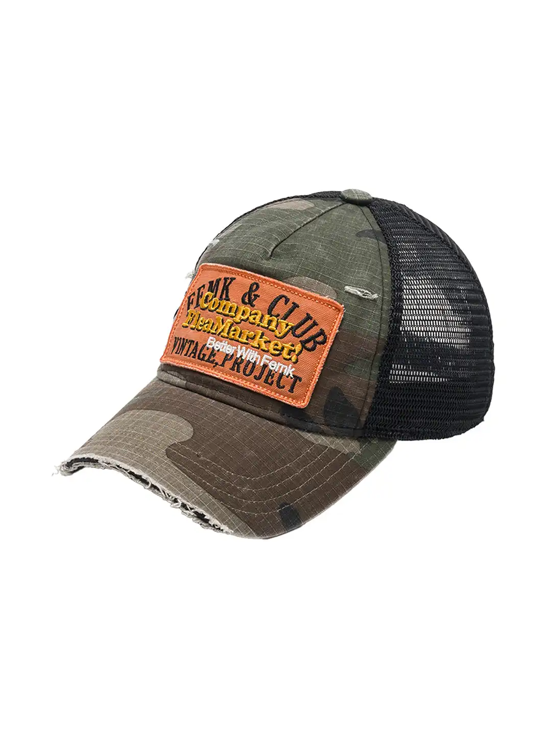 FLEAMARKET | Camo Patchwork Curve Brim Trucker Hat