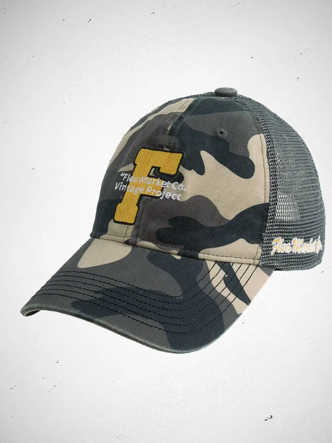 FLEAMARKET | Camo "F" Curve Brim Trucker Hat