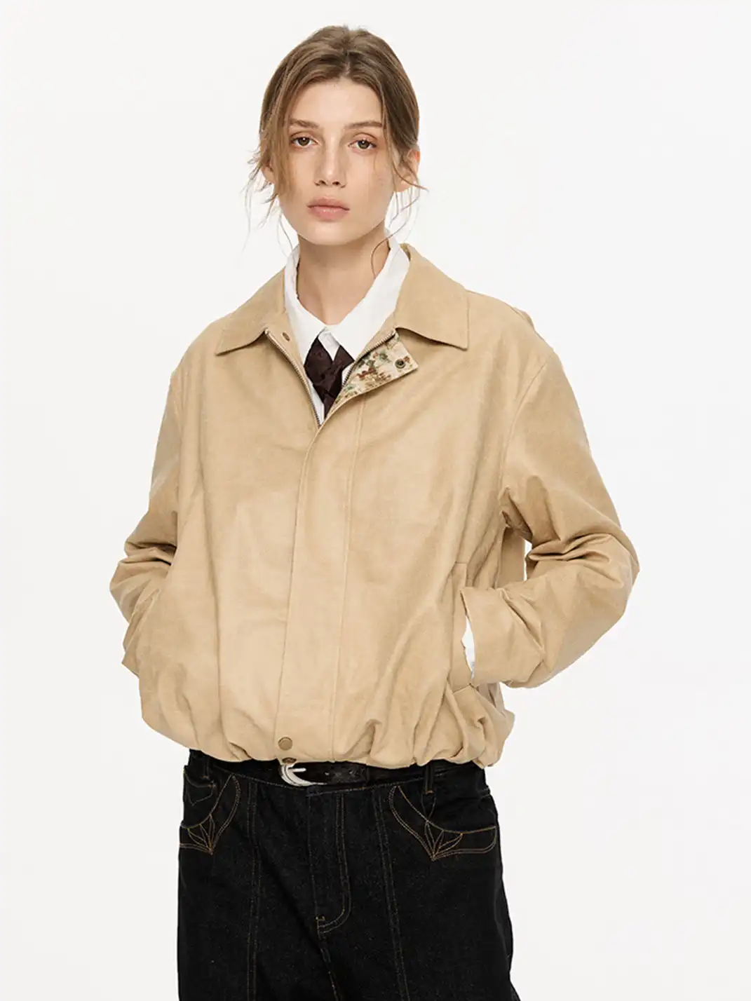 KREATE | Retro Color Block Floral Lining Leather Jacket