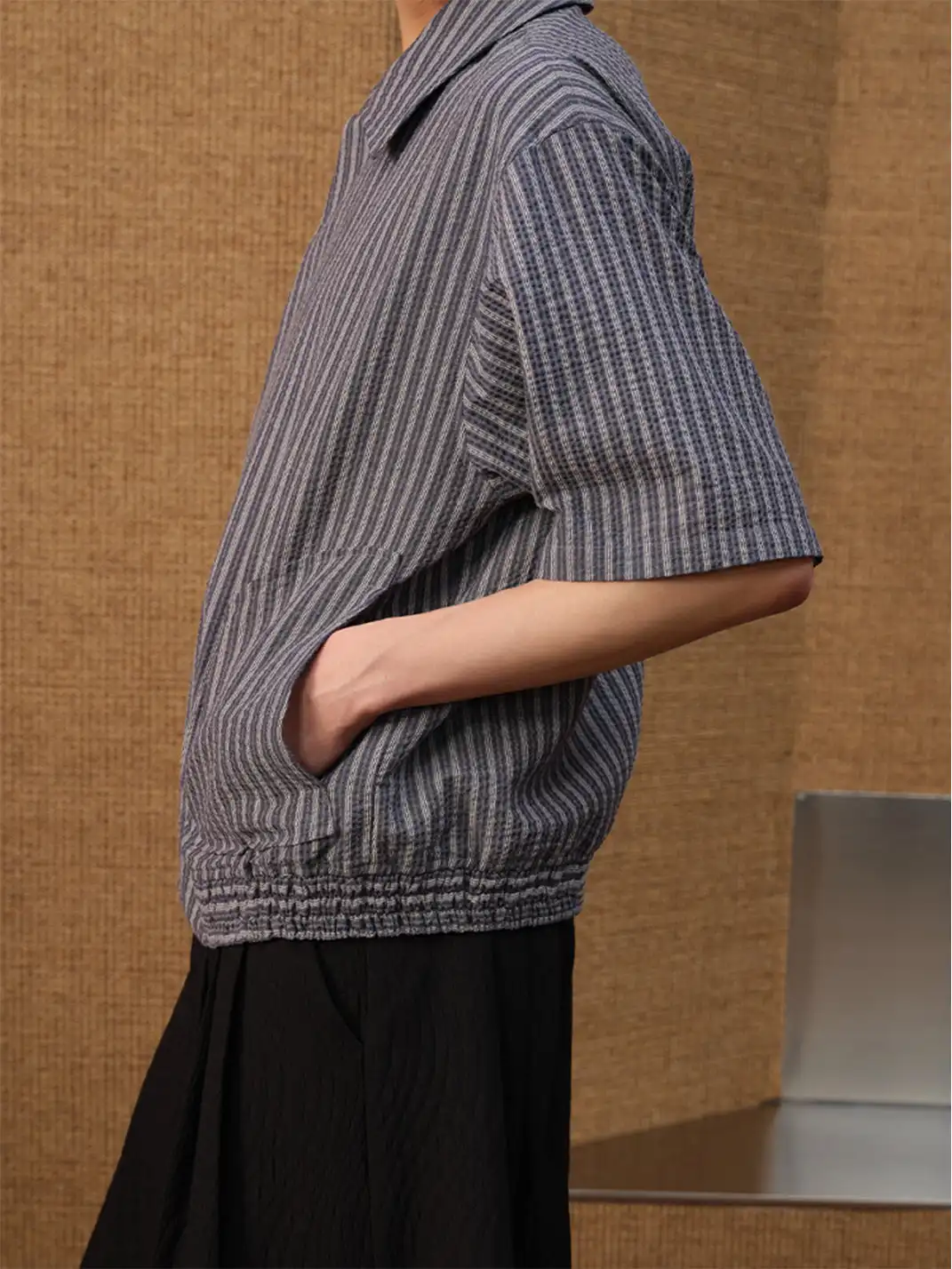 JCAESAR STUDIO | Boxy Fit Curved Hem Pin Stripe Shirt
