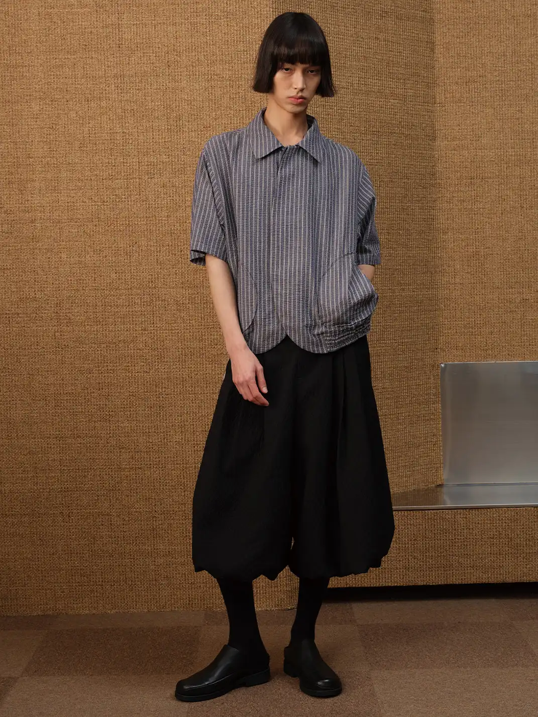JCAESAR STUDIO | Boxy Fit Curved Hem Pin Stripe Shirt