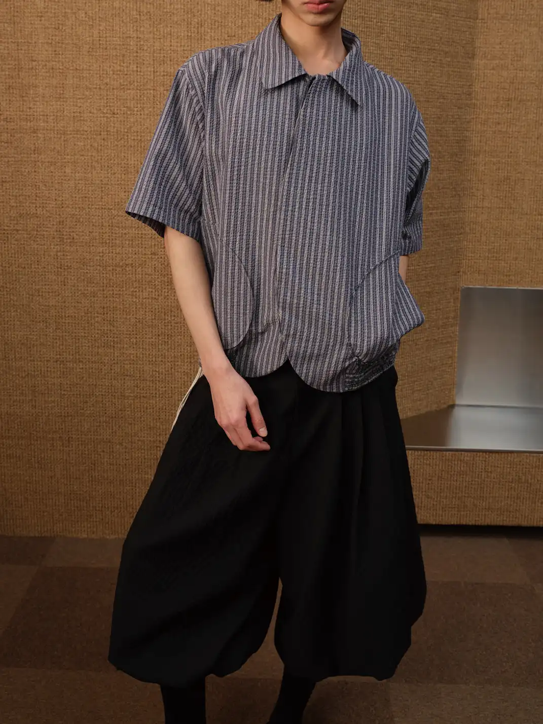 JCAESAR STUDIO | Boxy Fit Curved Hem Pin Stripe Shirt