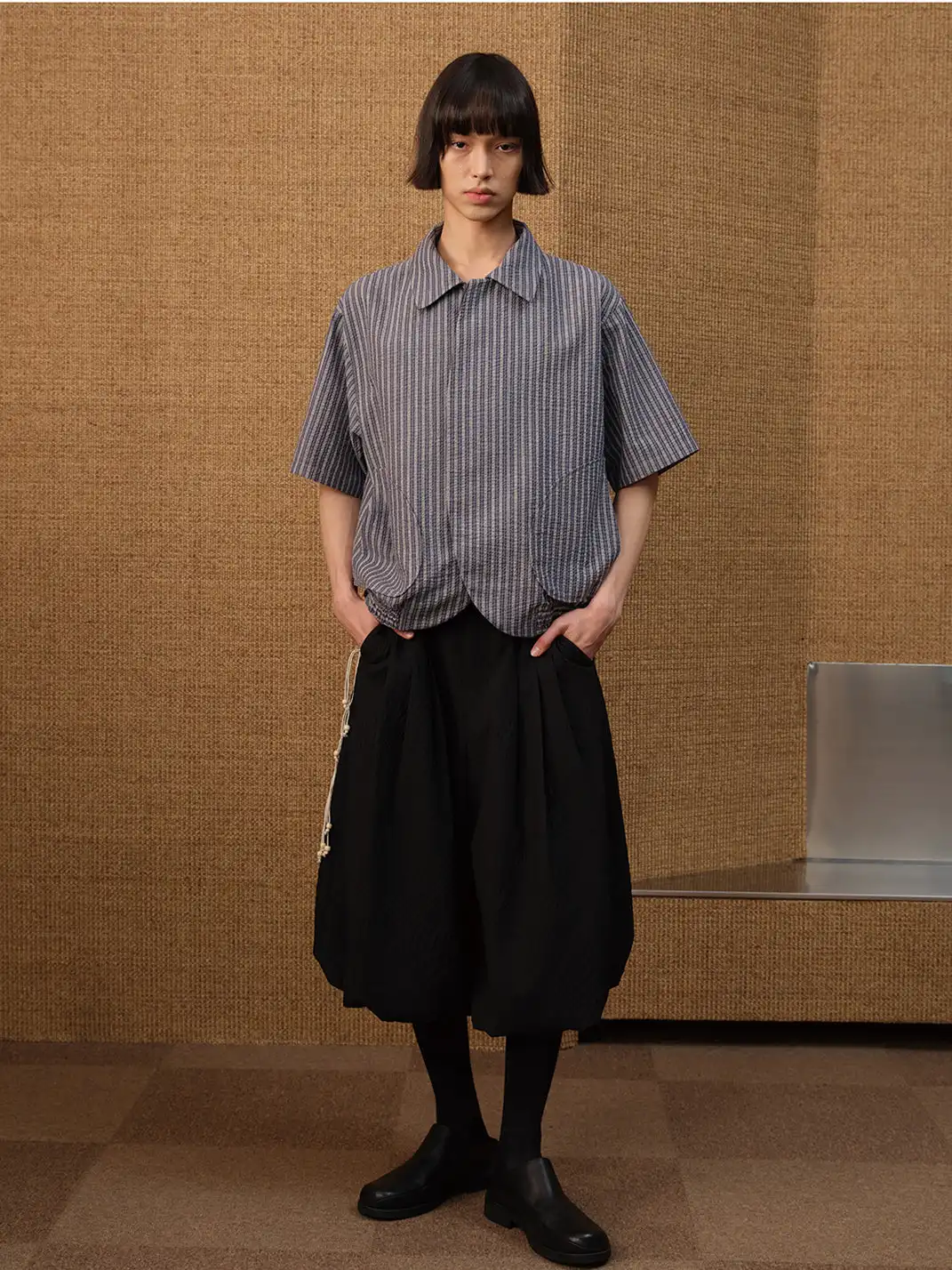 JCAESAR STUDIO | Boxy Fit Curved Hem Pin Stripe Shirt